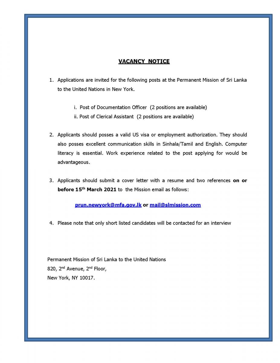 VACANCY NOTICE Sri Lanka Vacancy notice sri lanka